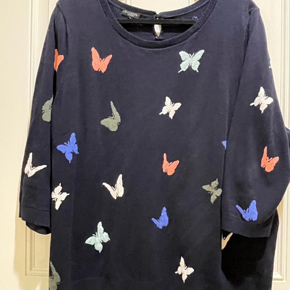 Talbots Blue Crew Neck Sweater with Butterfly Print